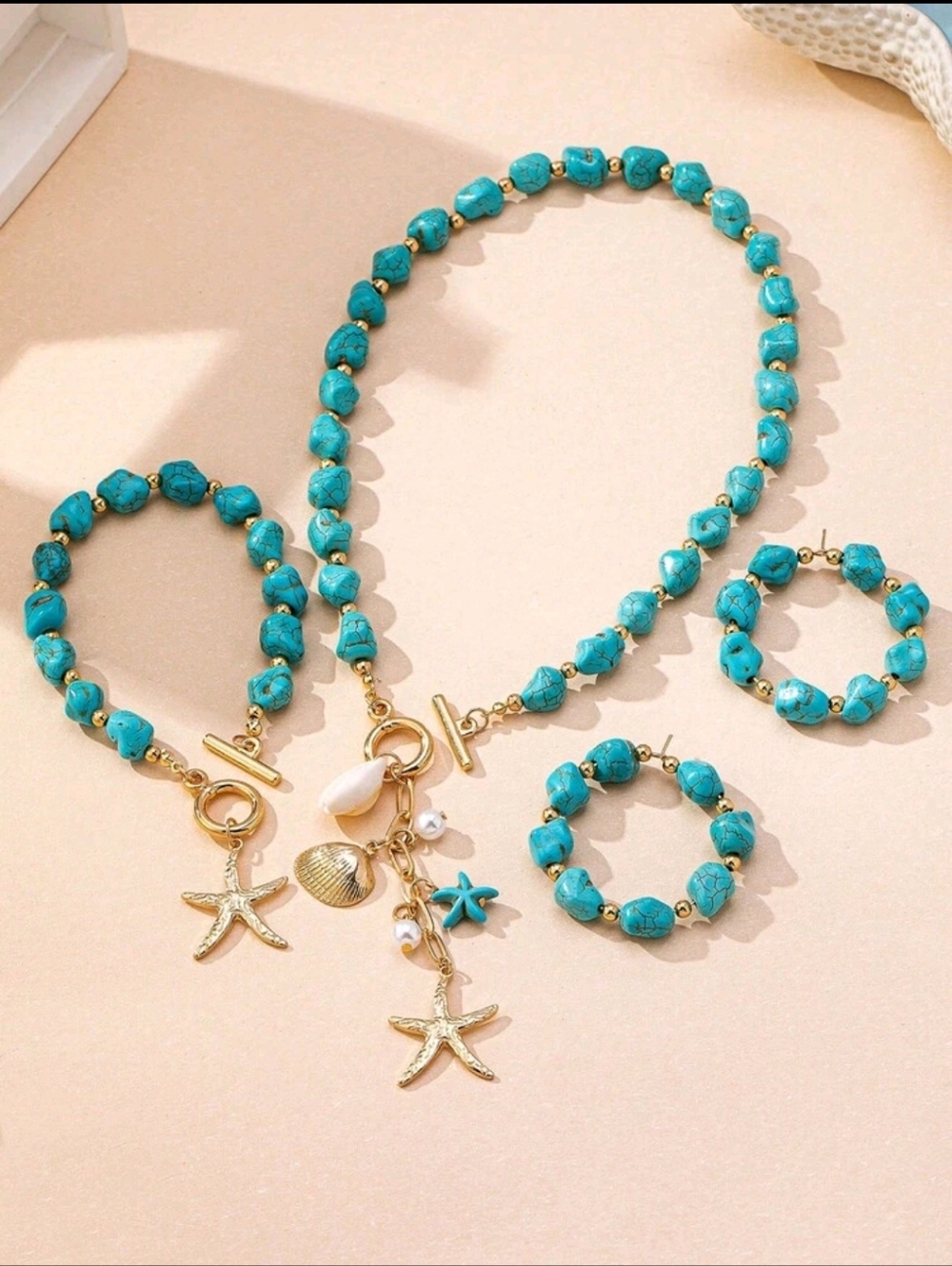 BRAND NEW ** Turquoise Blue  Bead & Gold Starfish Jewelry Set - Picture 2 of 6